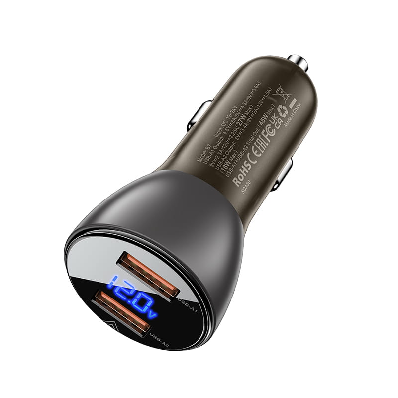 B6 Metal Car Charger 63W (USB-A+USB-C) With Digital Display