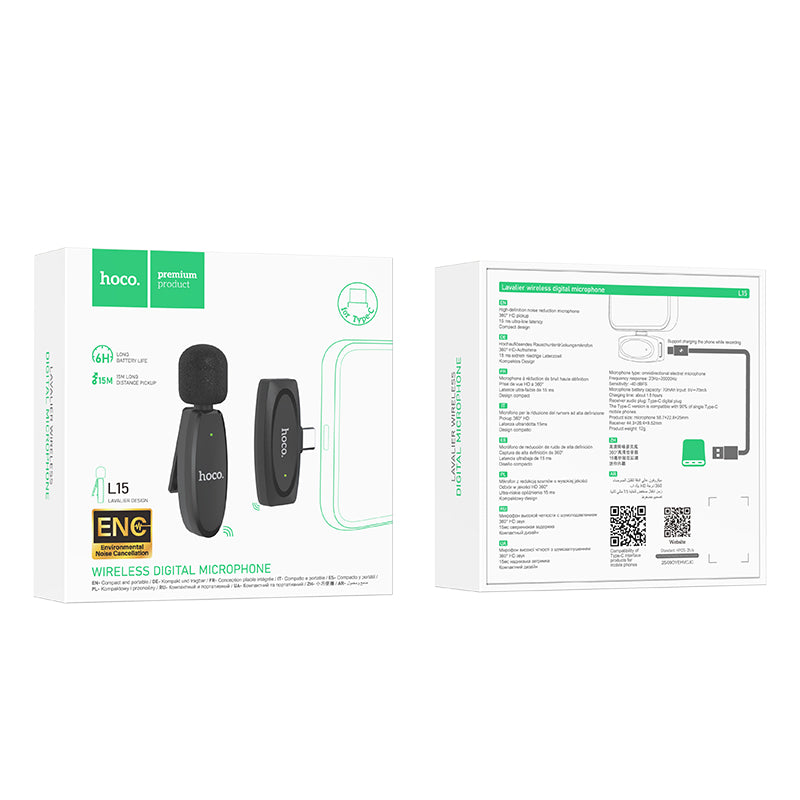 L15 Crystal, Lavalier Wireless Microphone With Receiver for Type-C, 360° HD Sound Pickup, Noise Reduction