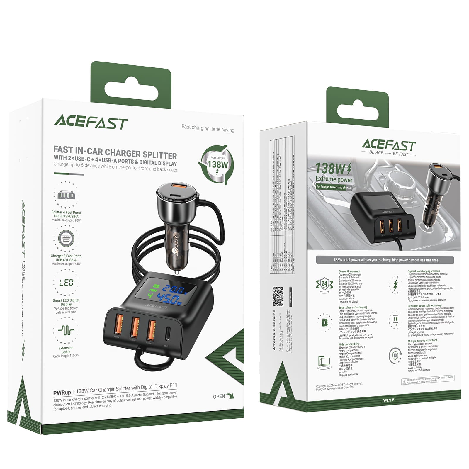 B11 138W Car Charger Splitter with Digital Display