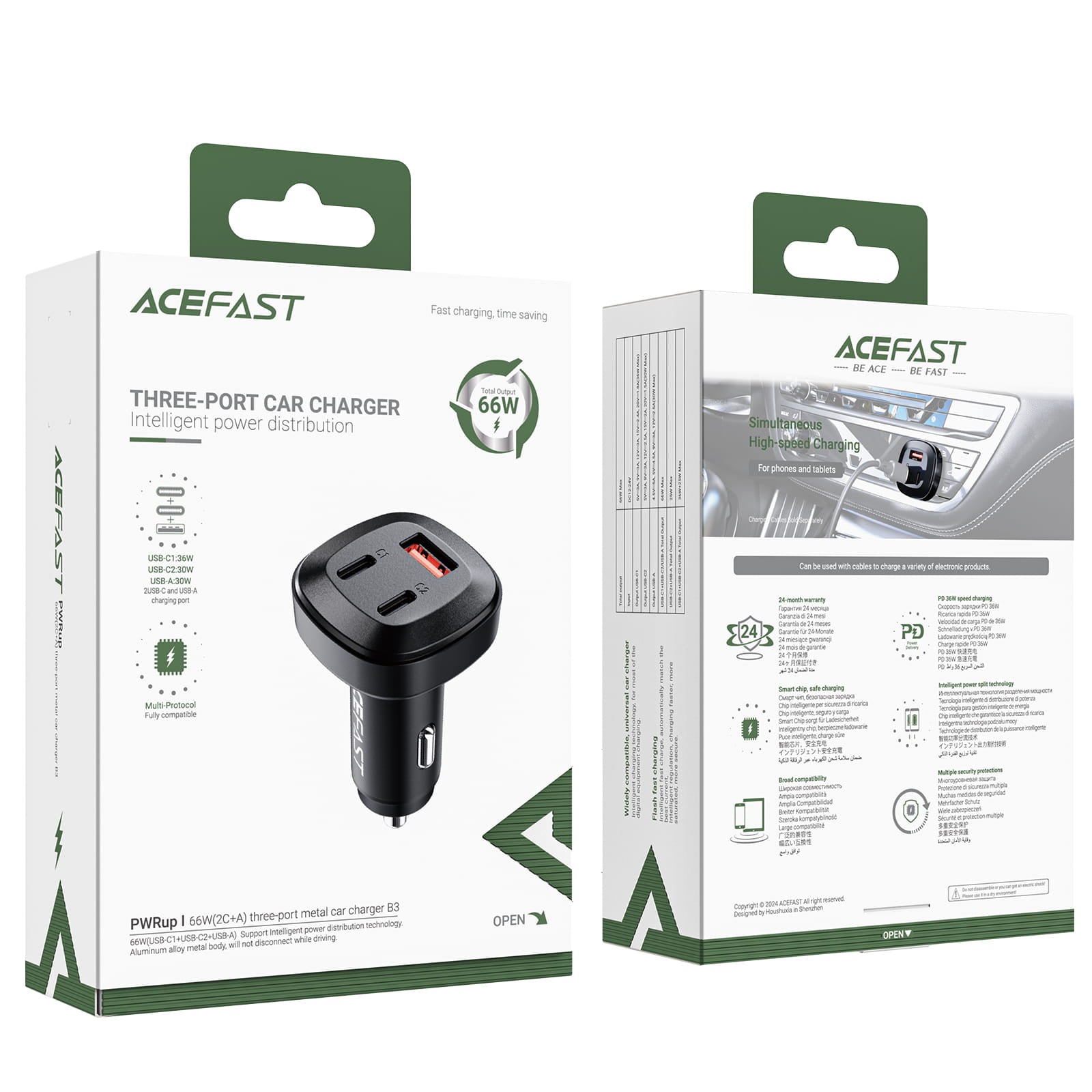 B3 66W(USB-C+USB-C+USB-A) Three-Port Metal Car Charger