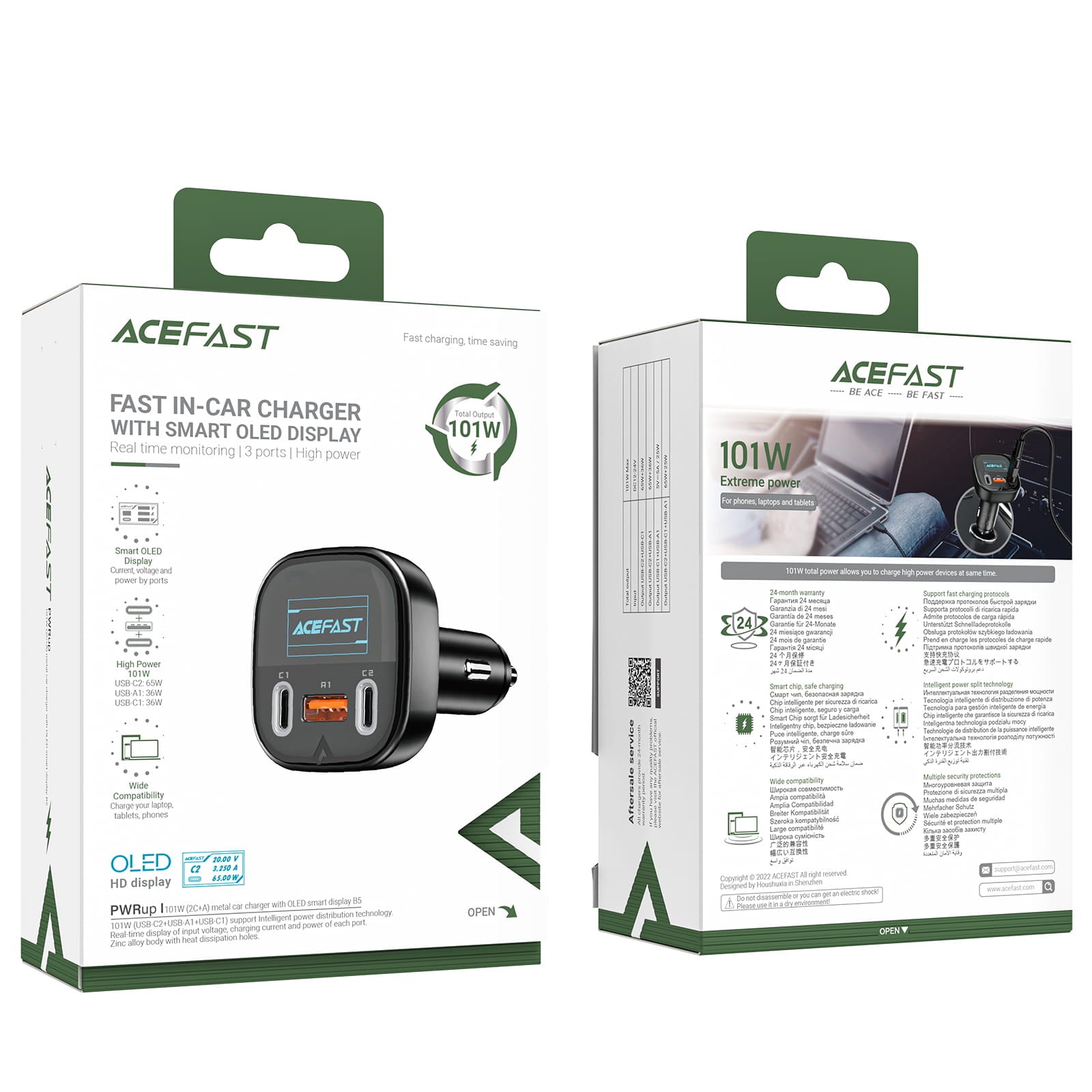 B5 101 W (2C+A) Metal Car Charger With OLED Smart Display