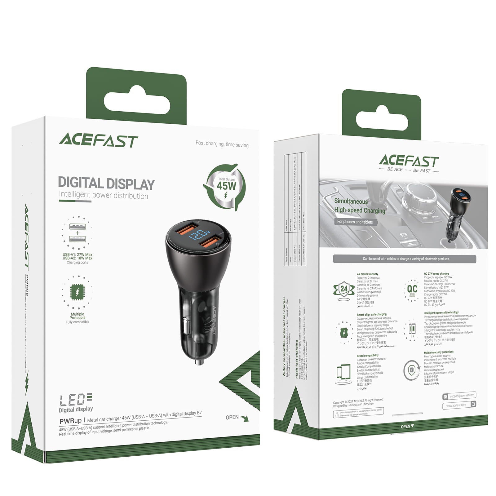 B7 Metal Car Charger 45W (USB-A + USB-A) With Digital Display