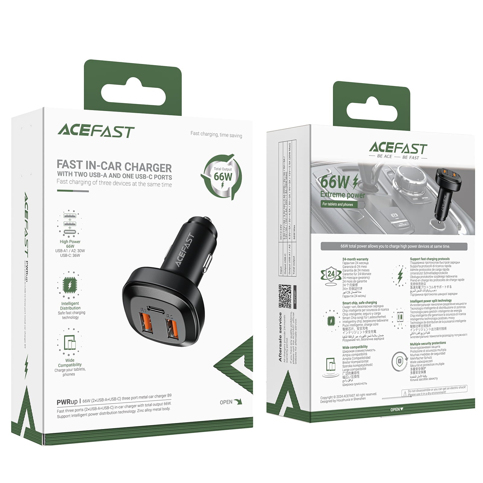 B9 66W(2USB-A+USB-C) Three Port Metal Car Charger