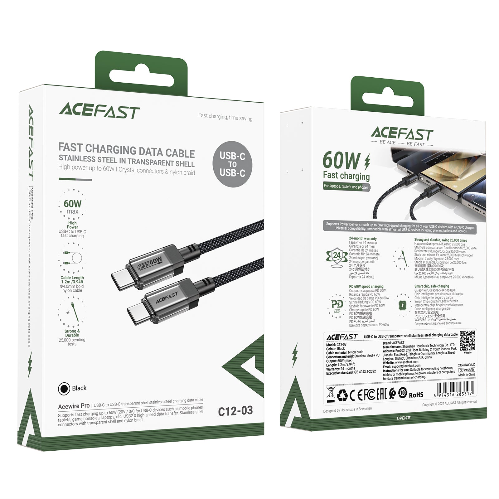 C12-03 USB-C to USB-C Transparent Shell Stainless Steel Charging Data Cable