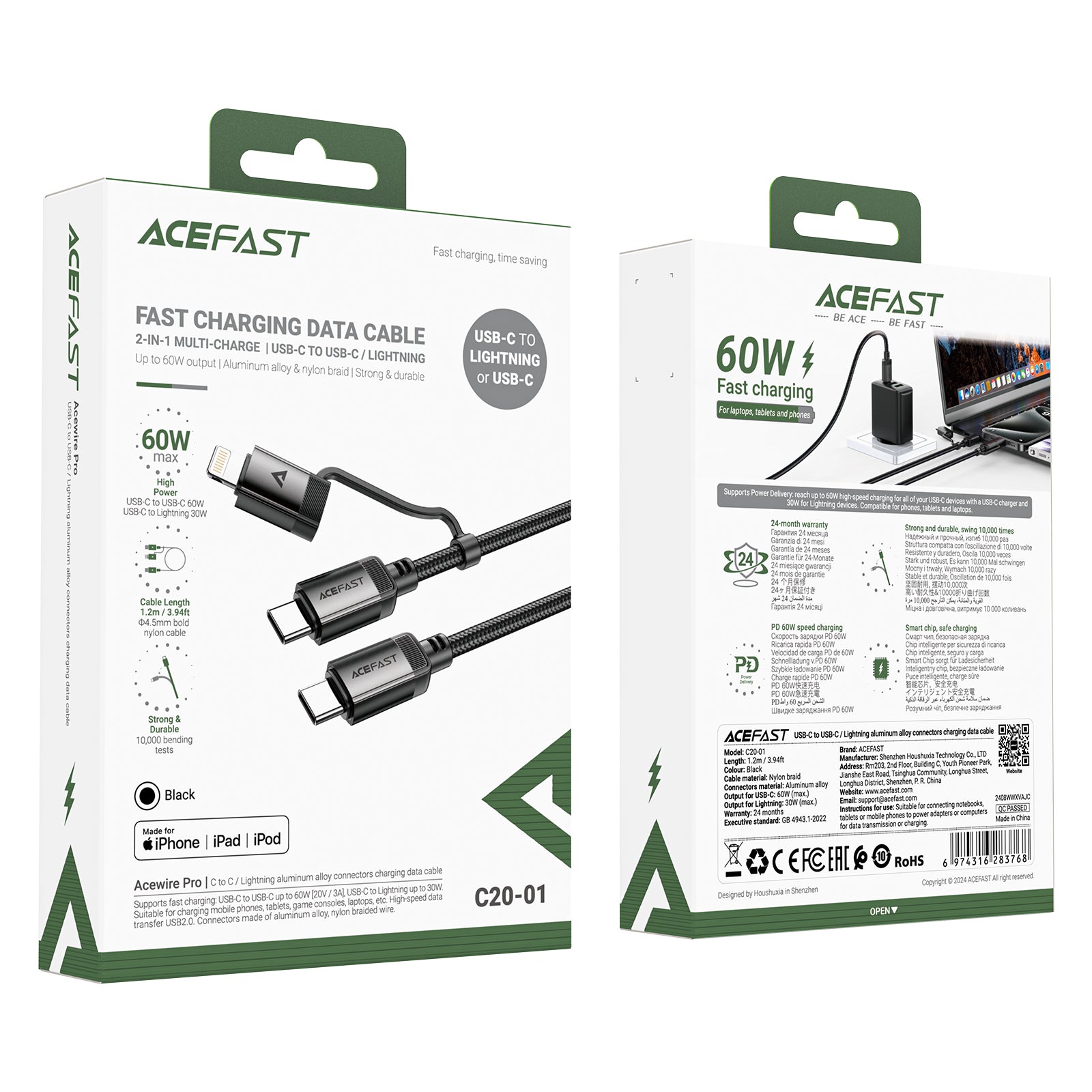 C20-01 USB-C to USB-C / Lightning Aluminum Alloy Connectors Charging Data Cable