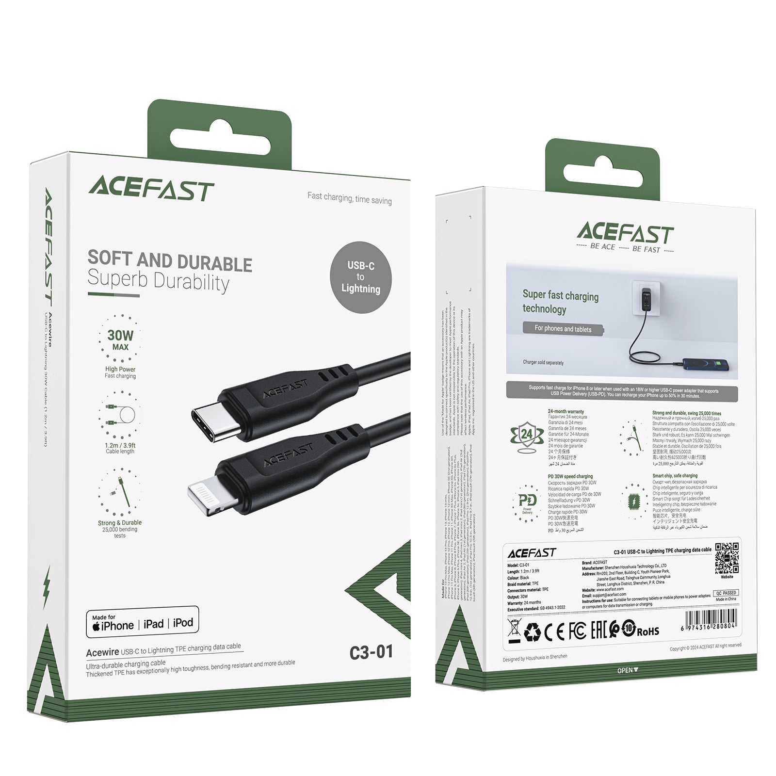 C3-01 USB-C to Lightning TPE Charging Data Cable