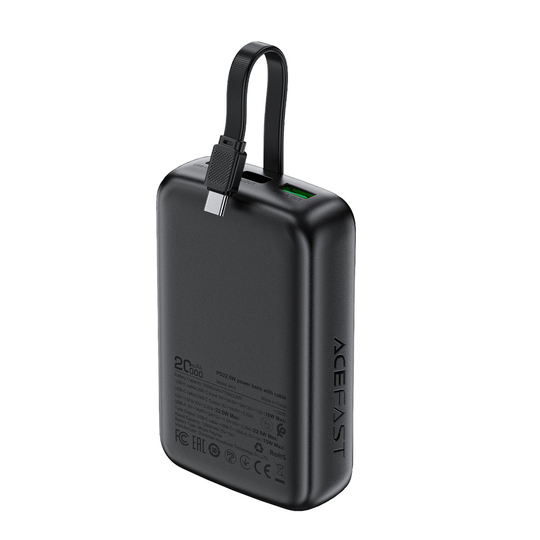 M14-20000 PD22.5W Power Bank With Cable | CE/FCC/ROHS/ECA Certification