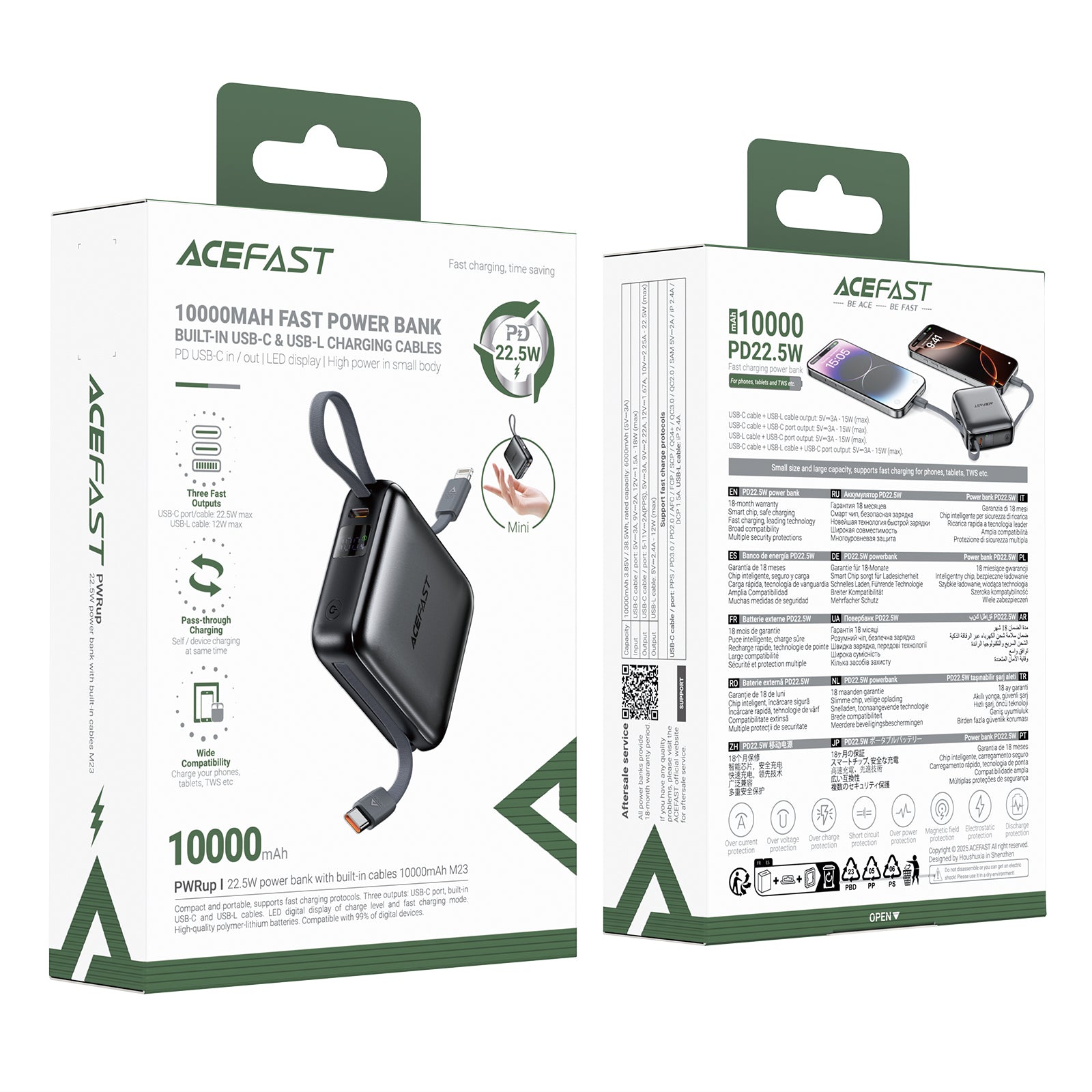 M23-10000 22.5W Power bank built-in dual Cables | Type-C+ Lightning dual-cable design
