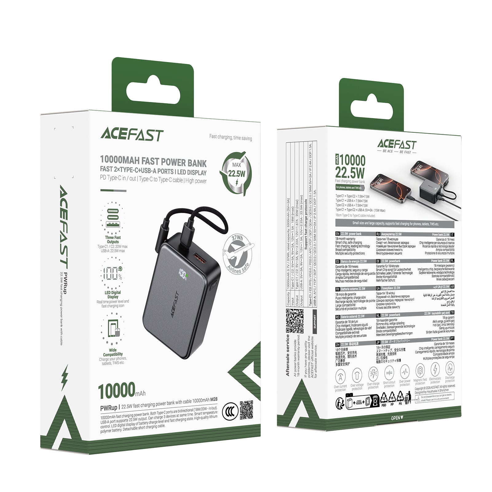 M28 22.5W Fast Charging Power Bank With Cable 10000mAh