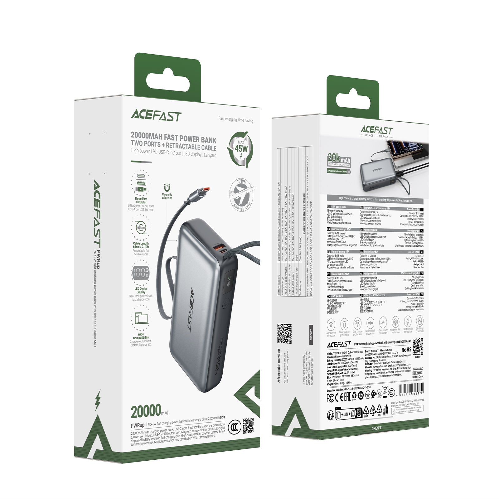 M34 PD45W fast Charging Power Bank With Telescopic Cable 20000mAh
