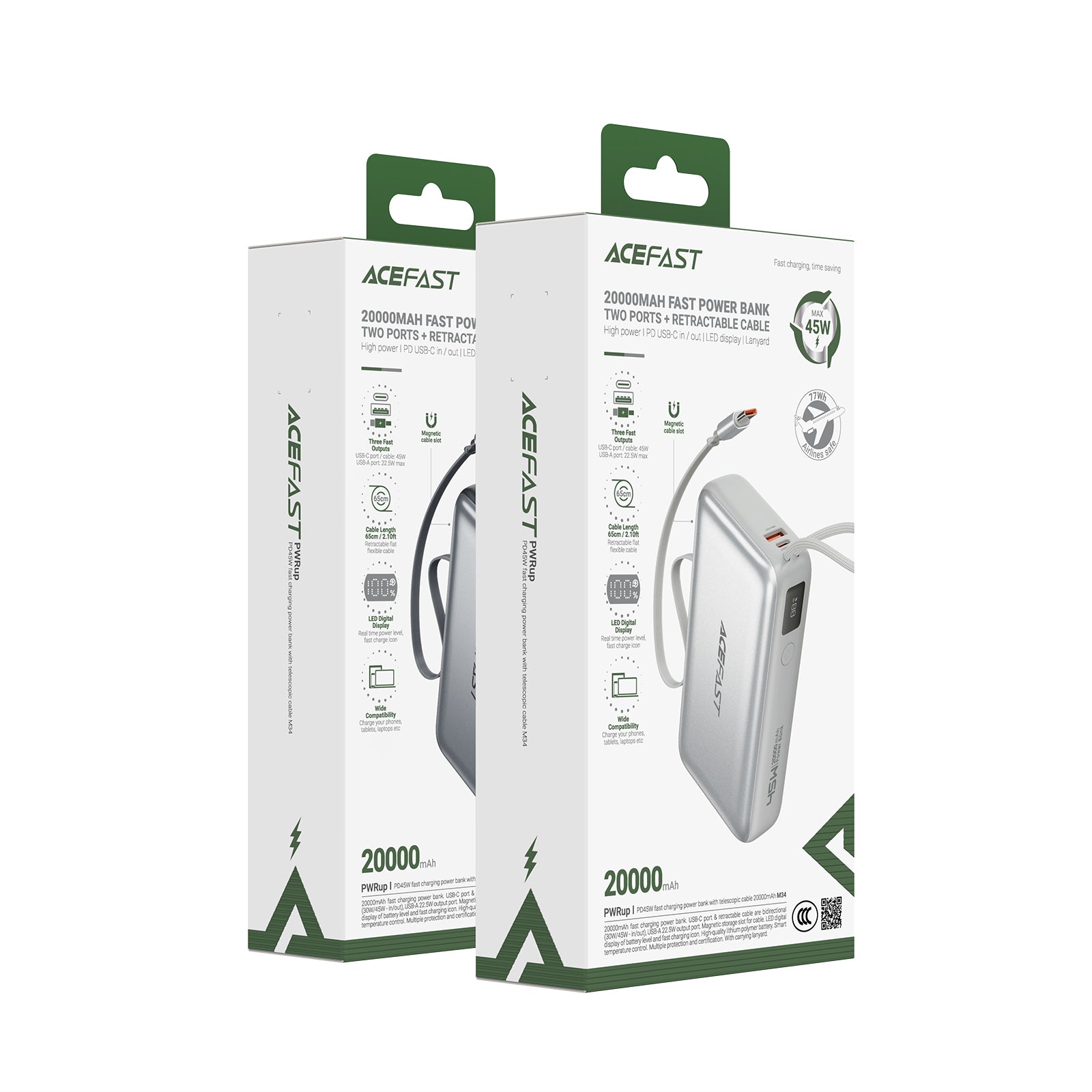 M34 PD45W fast Charging Power Bank With Telescopic Cable 20000mAh