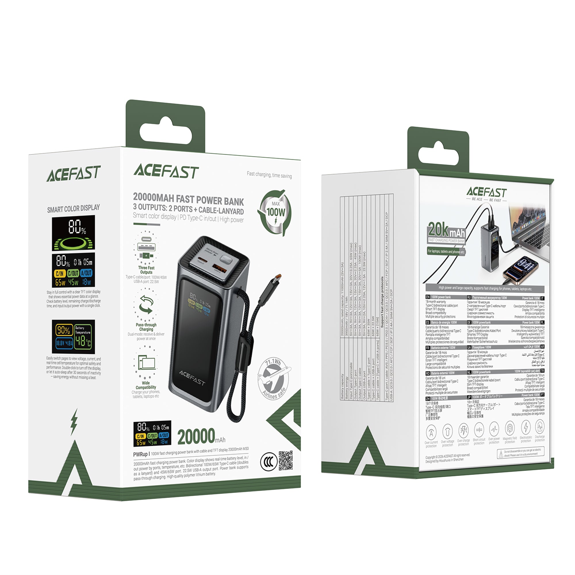 M33 100W Fast Charging Power Bank With Cable and TFT Display 20000mAh