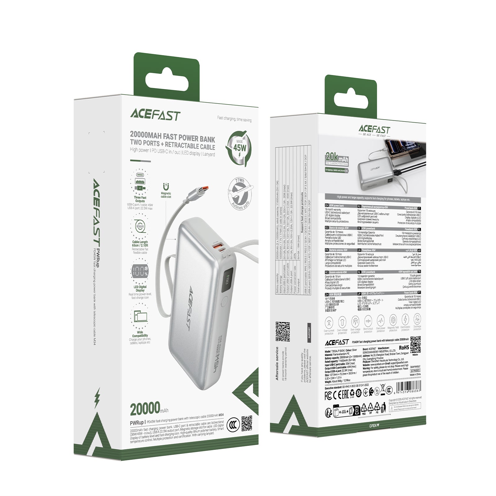 M34 PD45W fast Charging Power Bank With Telescopic Cable 20000mAh