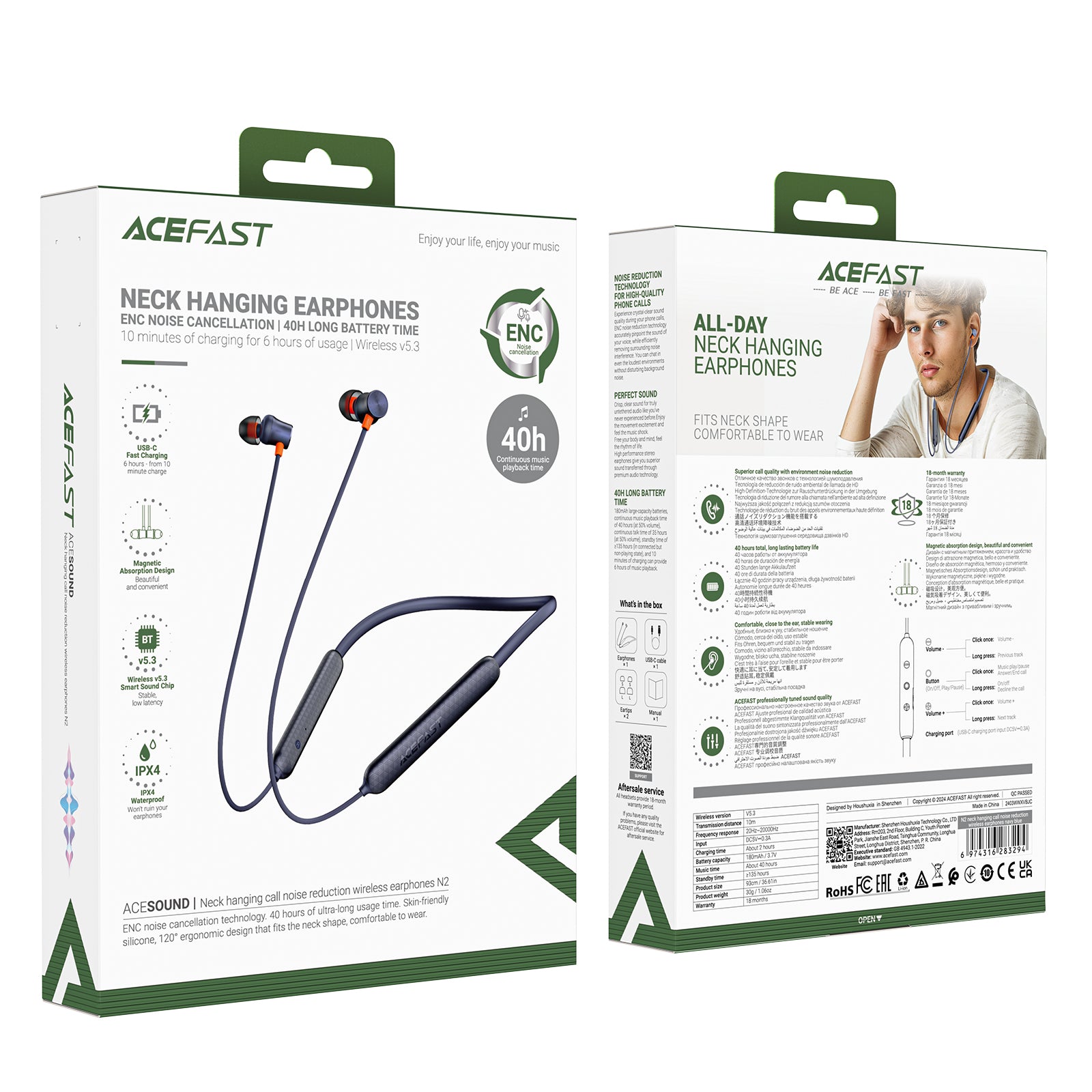 N2 Neck Hanging Call Noise Reduction Wireless Earphones