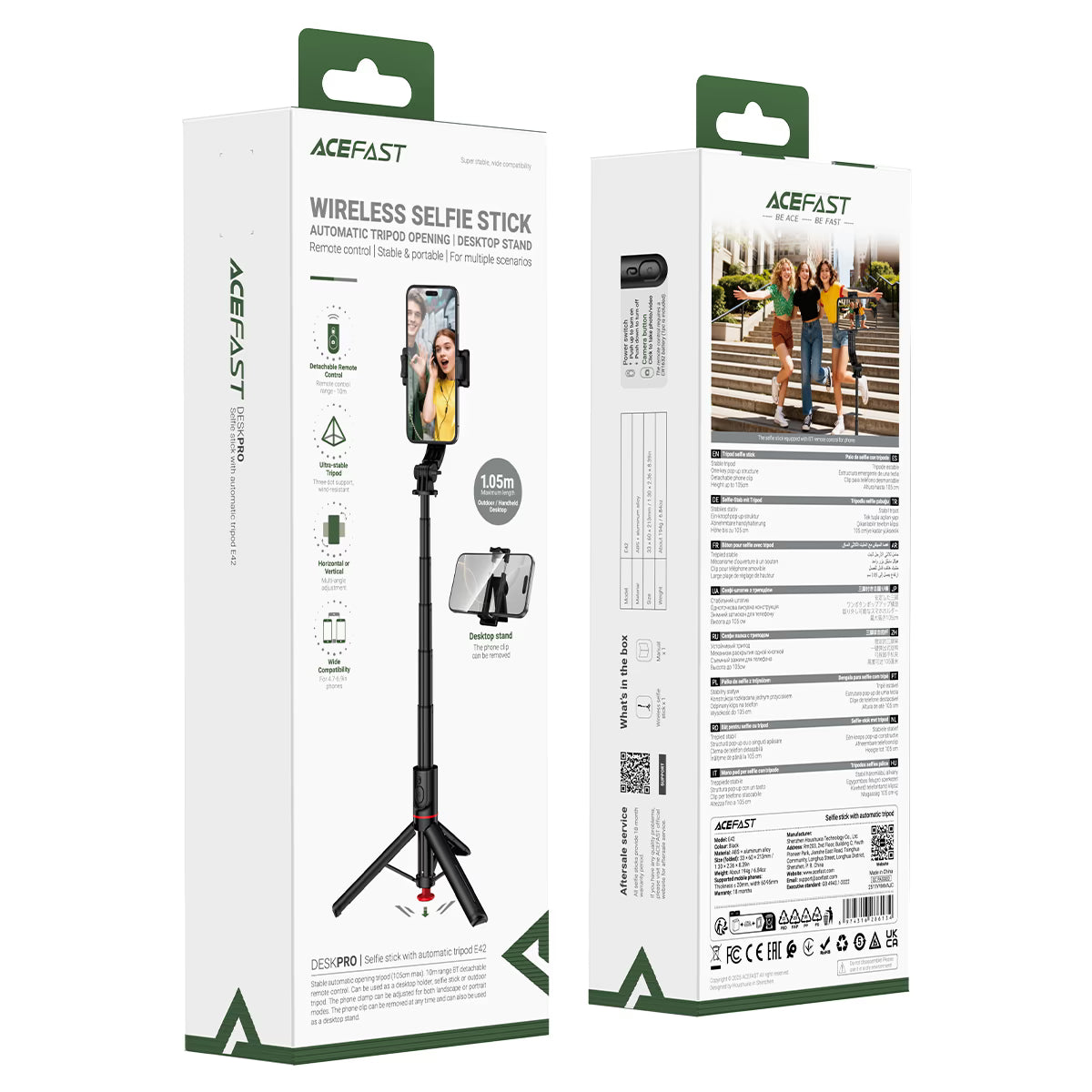 Selfie Stick with Tripod E42 | Automatically opening tripod | Detachable BT remote control