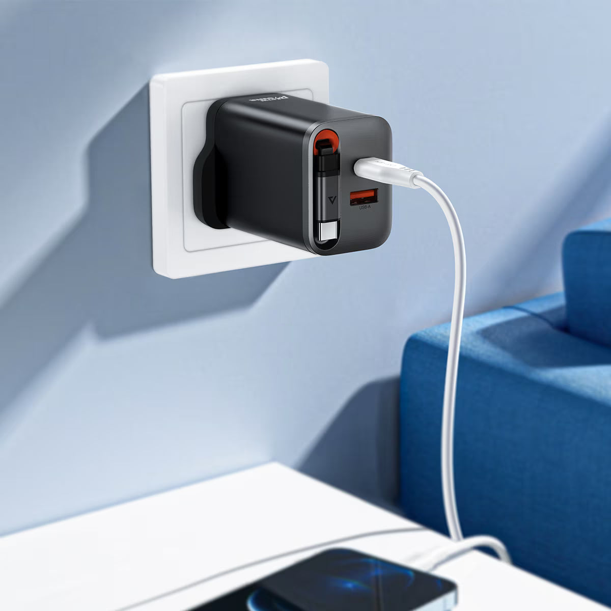 A138 PD67W GaN charger (2*USB-C+USB-A) with retractable cable,black(UK)