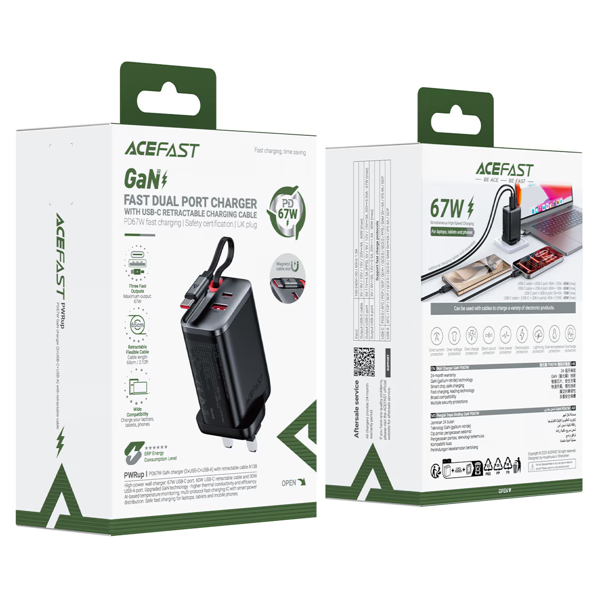 A138 PD67W GaN charger (2*USB-C+USB-A) with retractable cable,black(UK)