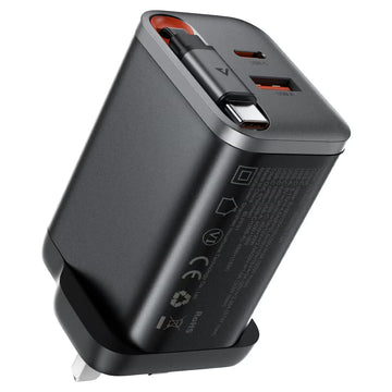 A138 PD67W GaN charger (2*USB-C+USB-A) with retractable cable,black(UK)